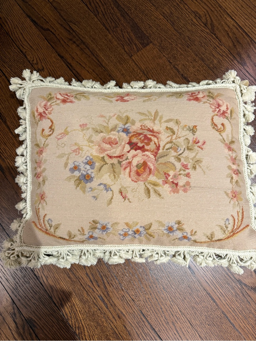 Vintage-Style Cream Floral Needlepoint Throw Pillow